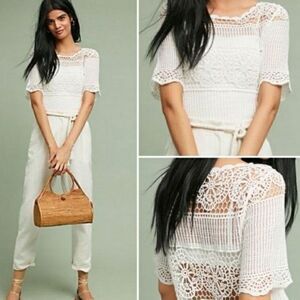 James Coviello Anthropologie Janice Crochet Top Short Sleeve White Extra Small N